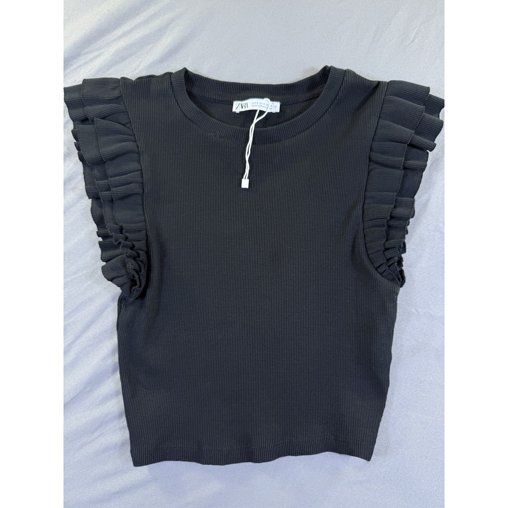 Zara Ruffled Ribbed Knit Black Crop Top Womens Size S New without Tags